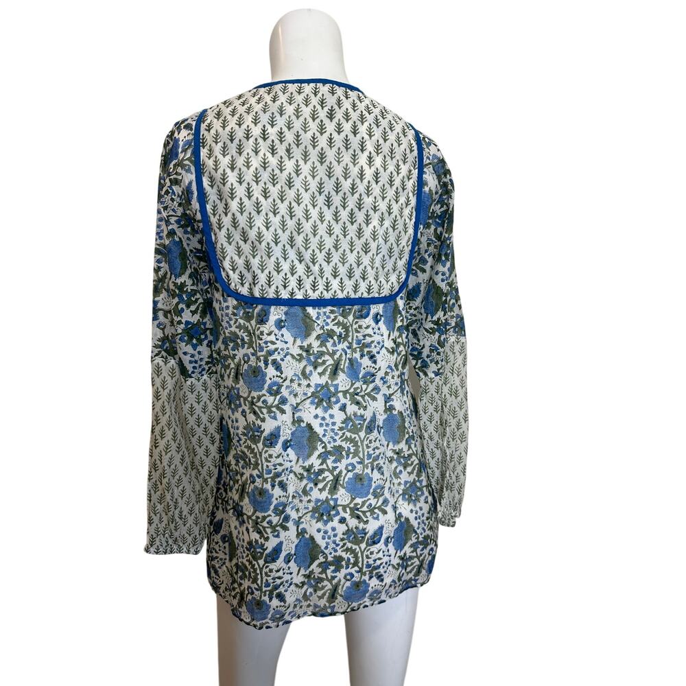 SZ Blockprints Boho Floral Tunic Silk Cotton Tassel Tie Blue Green Block Print S - Picture 5 of 12